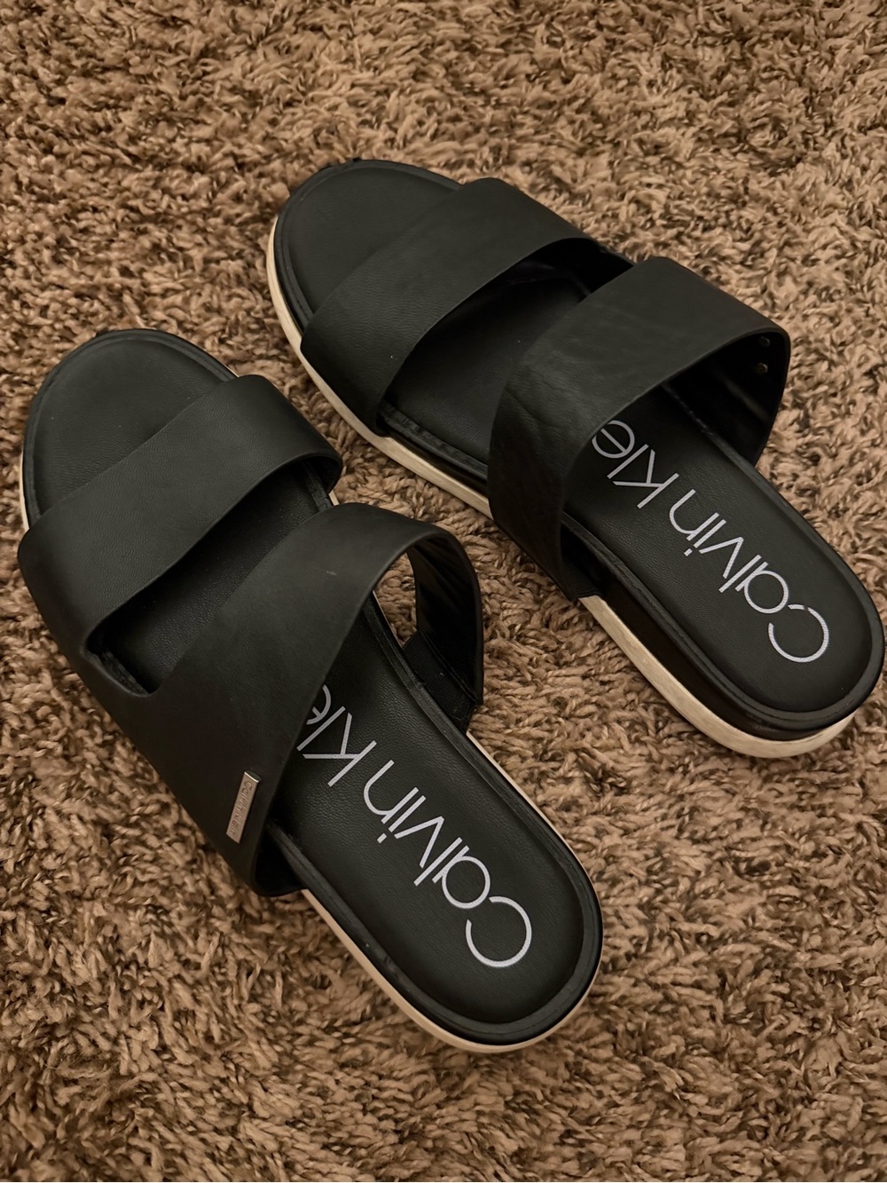 Calvin Klein Black Double-Strap Slide Sandals with White Trim